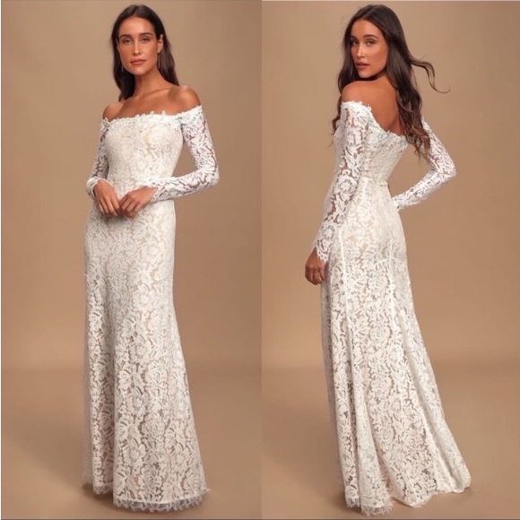 Lulus Dresses & Skirts - NWT Lulu’s Romance Dreamer White Lace Off-the-Shoulder Maxi Dress Size Large